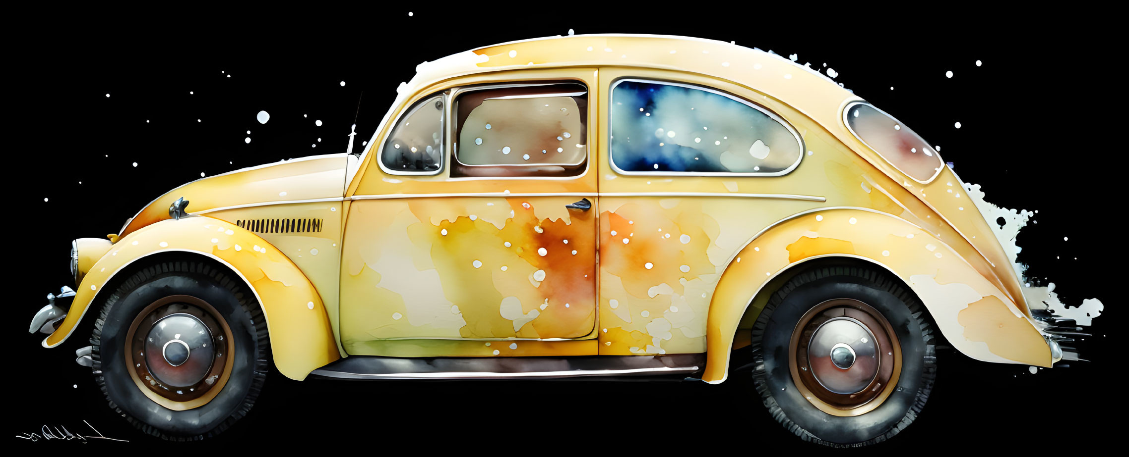 Colorful Classic Car with Cosmic Star Field on Black Background