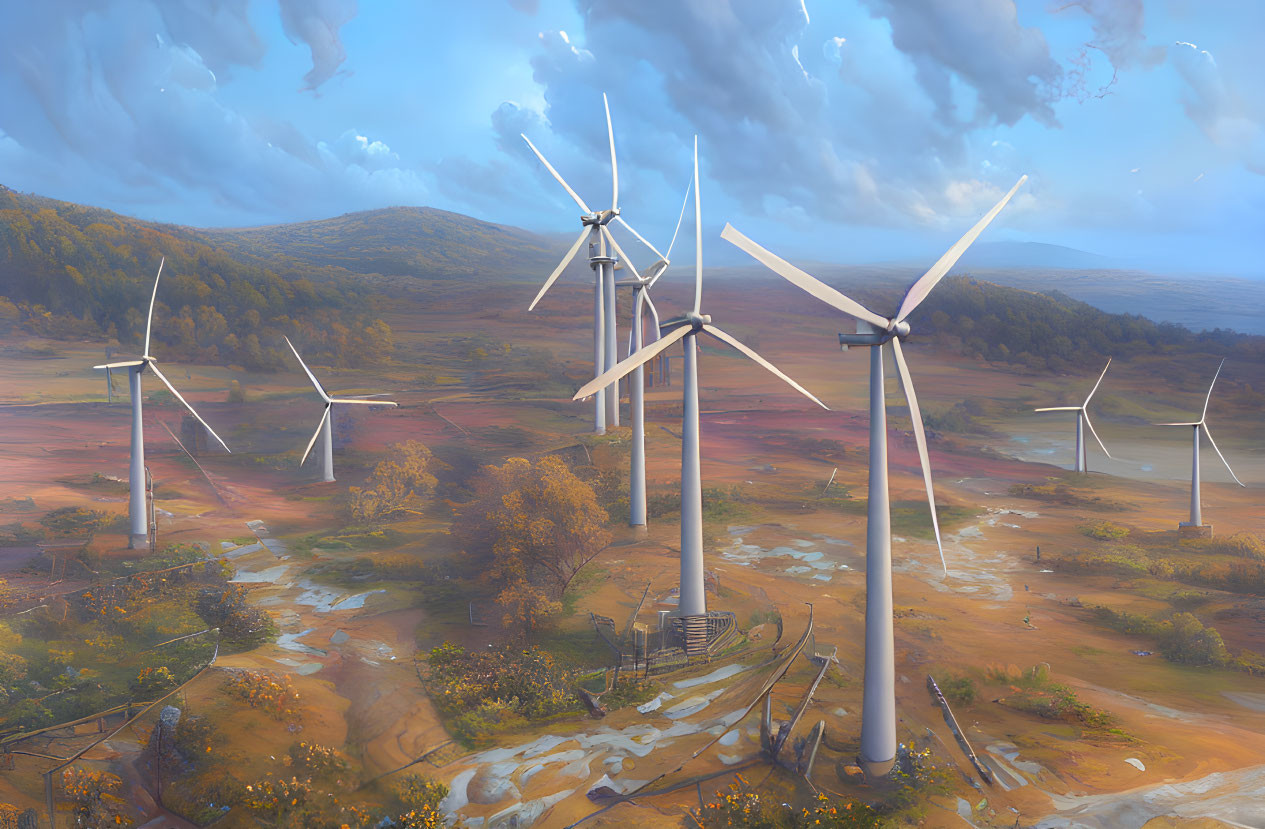 Scenic landscape with wind turbines and rolling hills