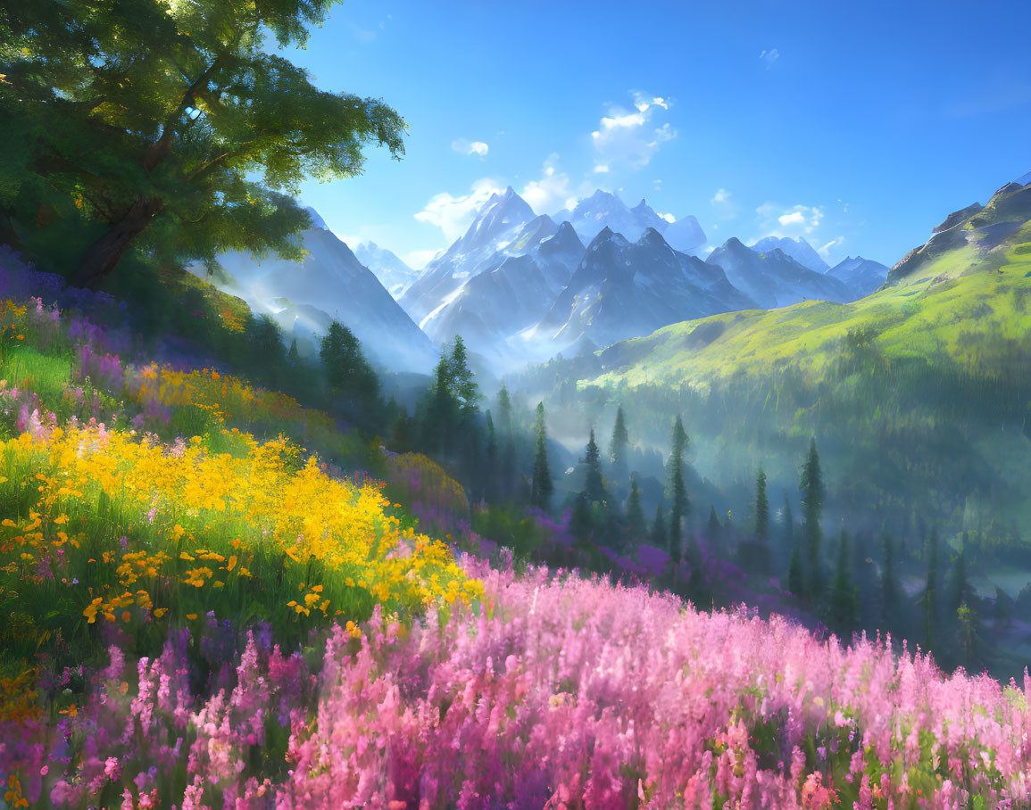 Vibrant wildflowers in lush meadow with green hills and snow-capped mountains