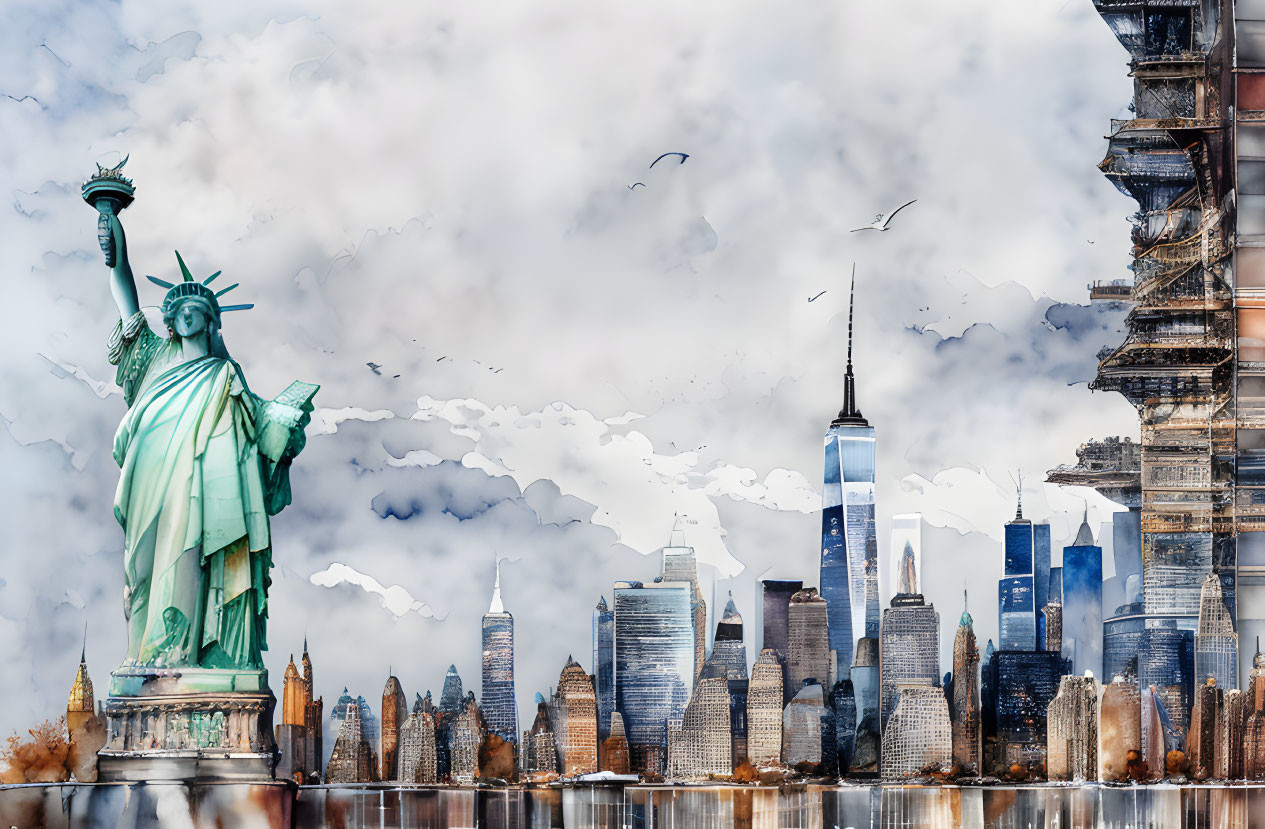 New York City skyline with Statue of Liberty and skyscrapers in watercolor aesthetic