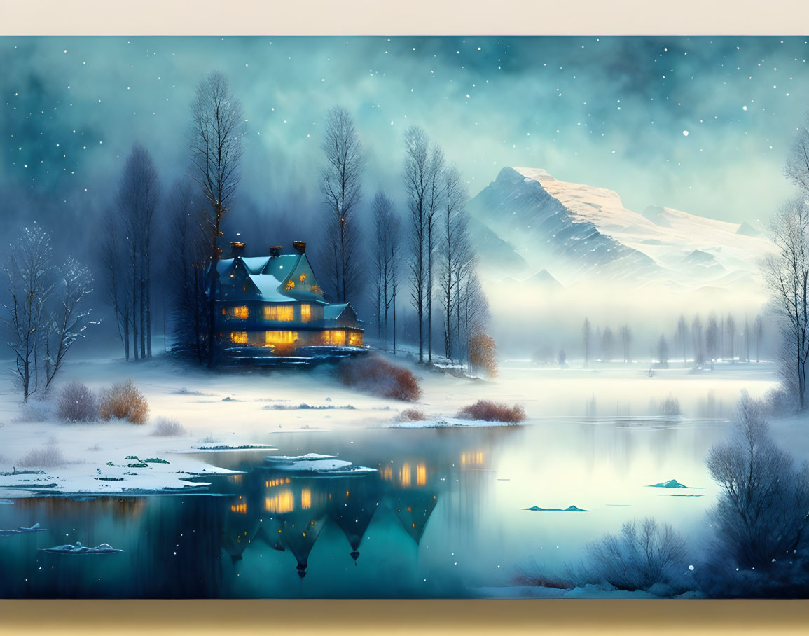 Winter cabin by serene lake in snowy landscape