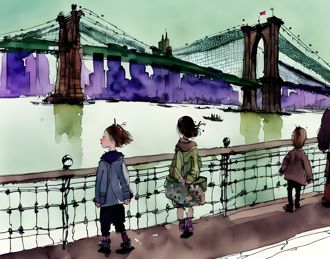 Vibrant Watercolor Illustration of People Viewing Large Bridge