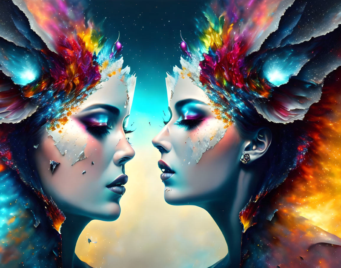 Symmetrical portrait of two women with vibrant cosmic makeup and mirroring effect