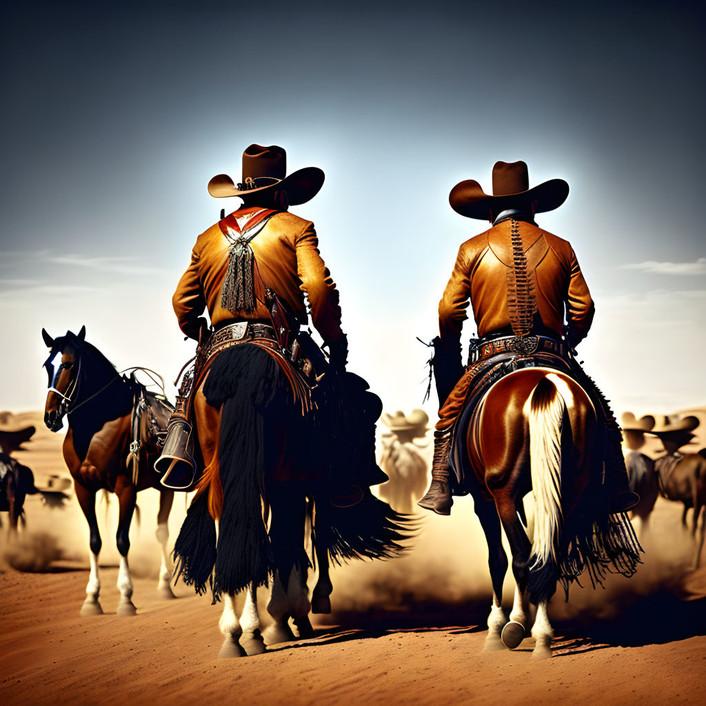 Cowboys herding cattle in desert landscape with traditional western attire and bright sky