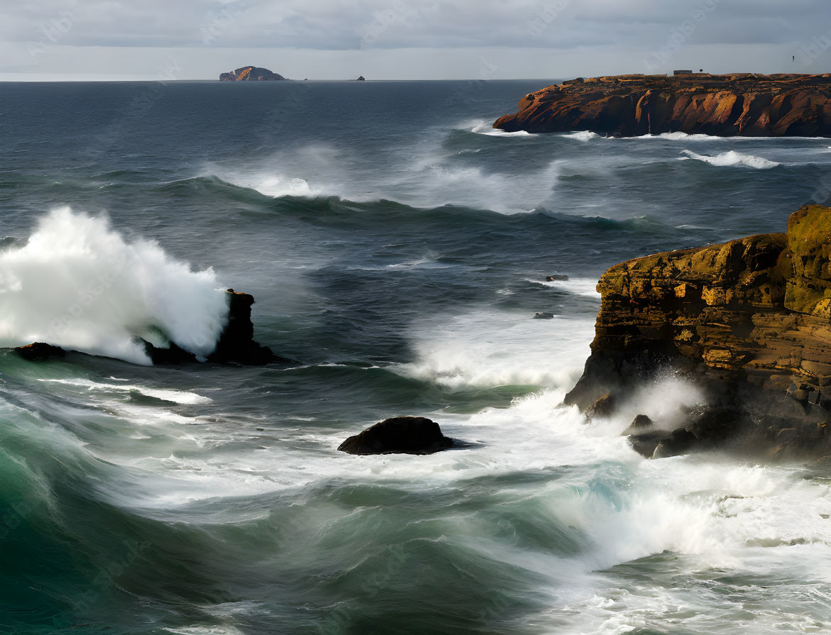 Stormy ocean waves crash against rugged cliffs under cloudy sky