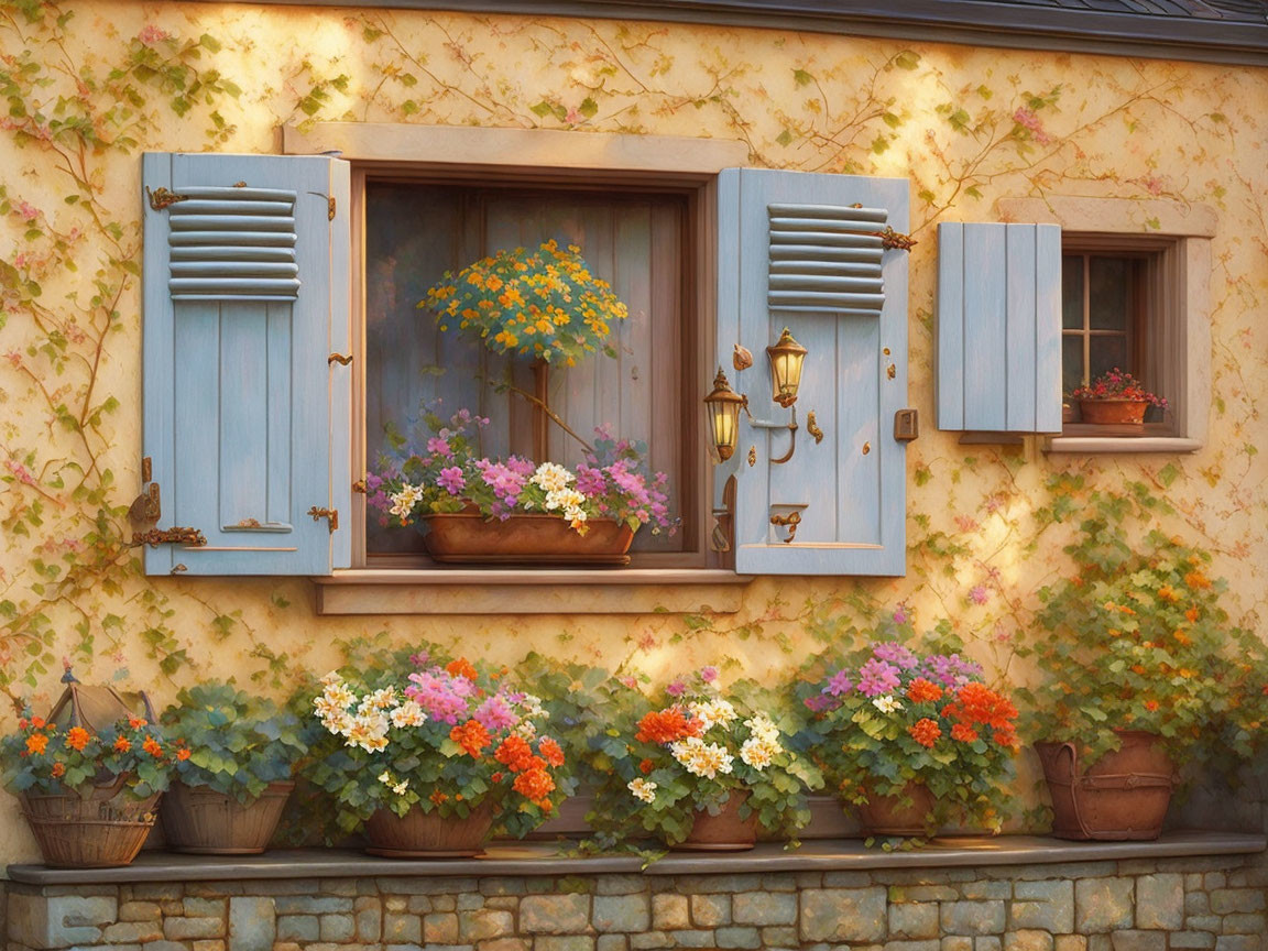 Blue-shuttered window with flowers on textured wall at golden hour