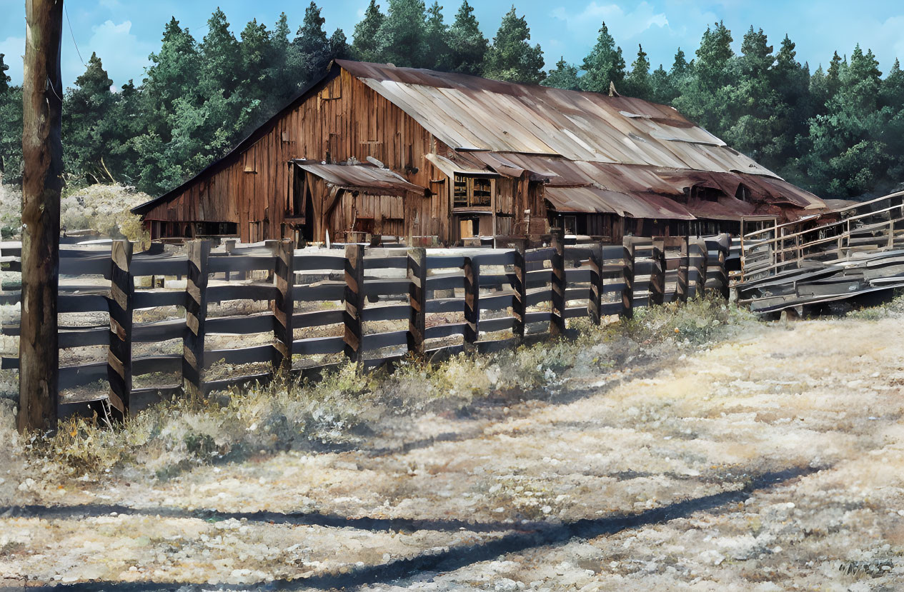 Rustic wooden barn with corrugated metal roof and fence in tree-filled setting