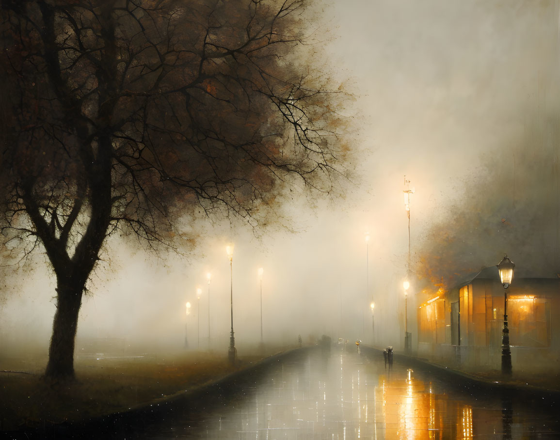 Misty dusk scene with warm streetlights and silhouettes walking alone