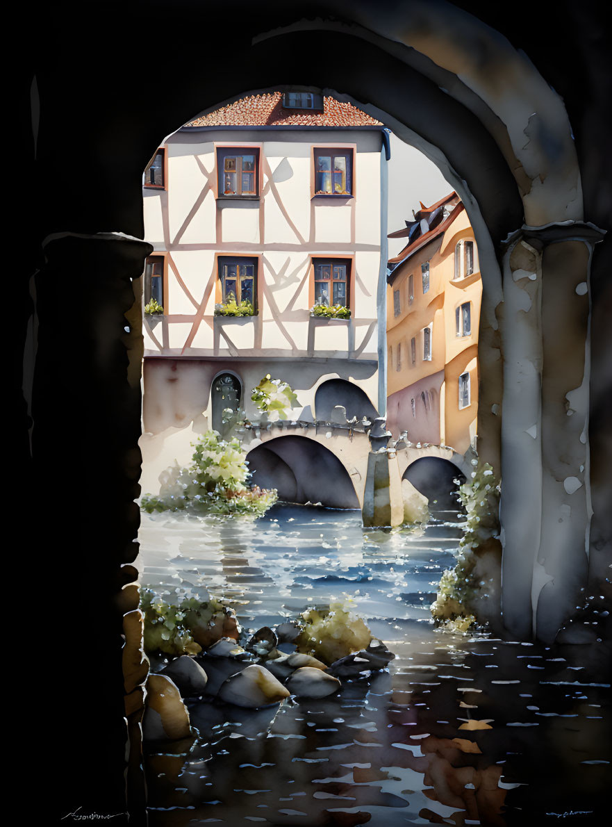 Traditional half-timbered buildings view in watercolor.