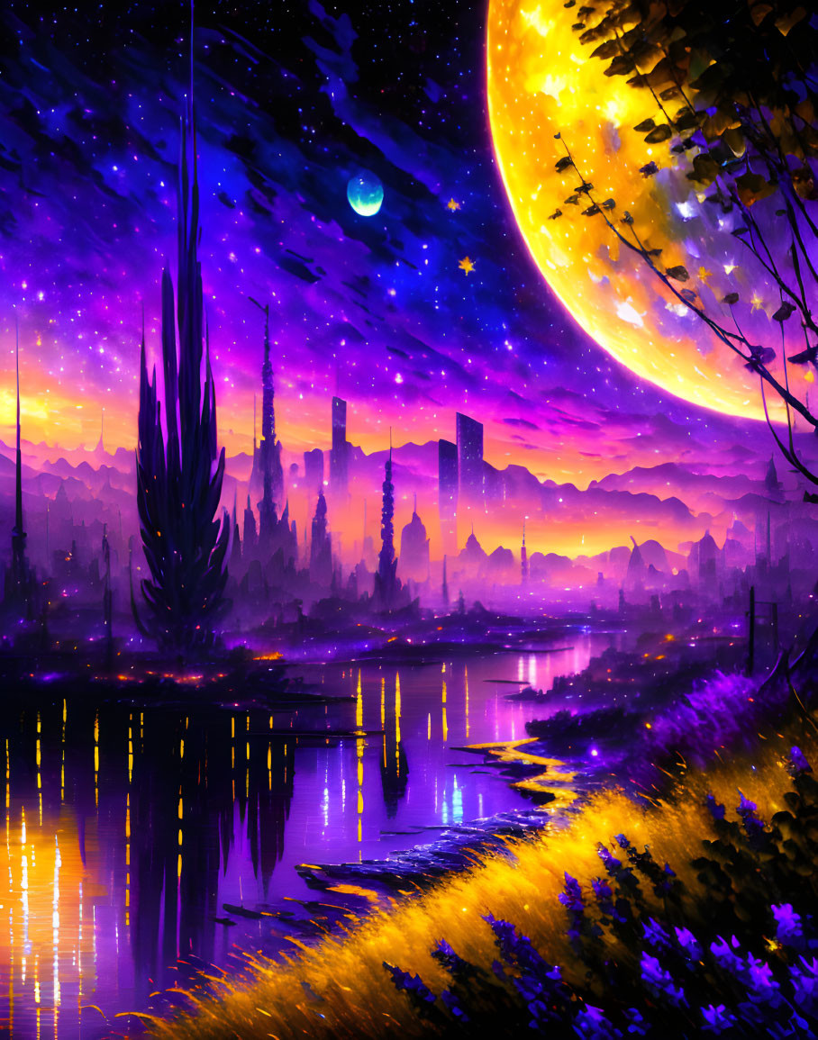 Fantastical landscape at dusk with crescent moon, stars, and futuristic city reflection on tranquil river