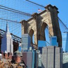 Digitally altered New York City skyline on Brooklyn Bridge background.