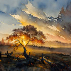 Autumnal tree in misty landscape with birds and dusky sky