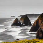 Figure sitting on grassy overlook overlooking rugged coastline with misty waves and rock formations under moody sky