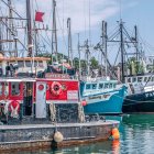 Vibrant fishing boats in calm harbor under cloudy sky