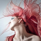 Vibrant digital artwork: woman with red paint stroke hairdo.