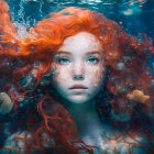 Underwater image: Woman with vibrant red hair and serene expression among tiny fish