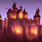 Illuminated castle painting at dusk with purple-clouded sky