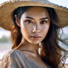 Striking-eyed woman in straw hat with cascading hair portrait.