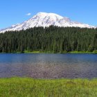 Serene Mountain Landscape with Snow-Capped Peak and Lake