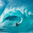 Surfer riding towering blue wave under dramatic sky