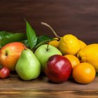 Fresh Fruit Arrangement on Wooden Surface with Warm Textured Background