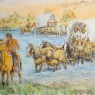 Pioneer wagon train crossing river in scenic landscape