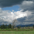 Dramatic sky with sunbeams over lush landscape