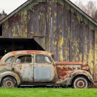 Vintage car parked by quaint cottage in lush garden landscape