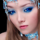 Vibrant portrait of a woman with blue eyes and bold makeup