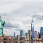 Surreal artwork with Statue of Liberty, Eiffel Tower, and Brooklyn Bridge in waterside