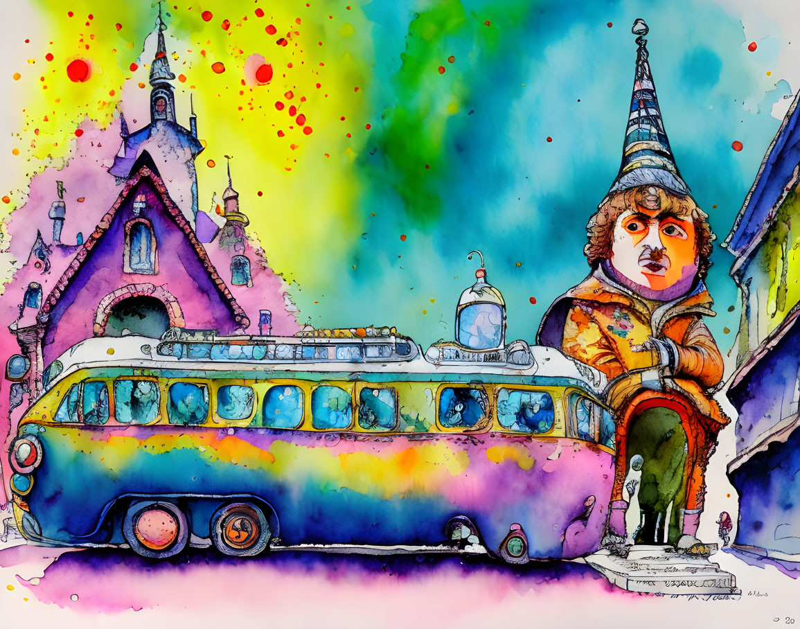 Vibrant watercolor illustration of person on vintage bus in whimsical scene