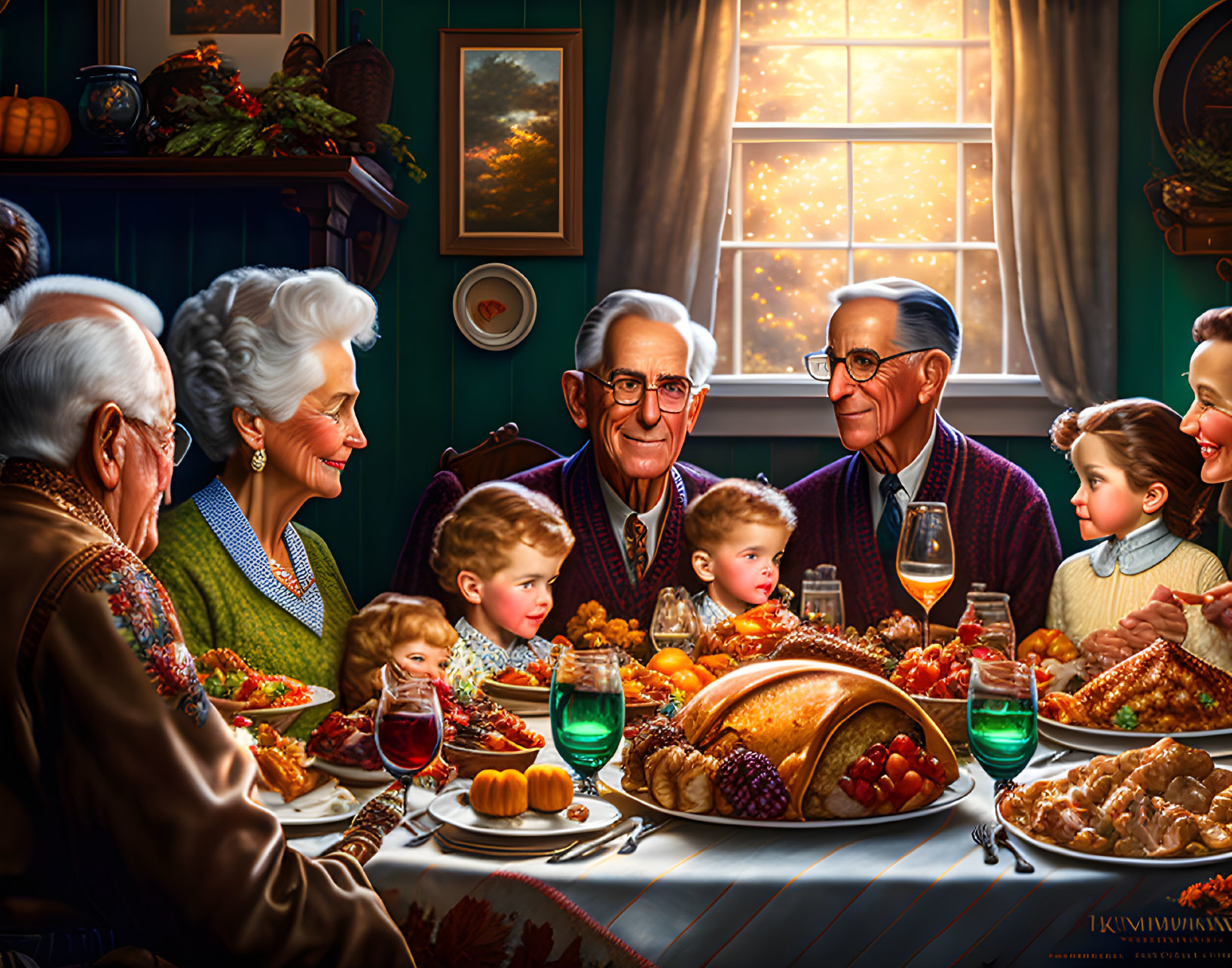 Festive family meal with smiling elders and children around bountiful table