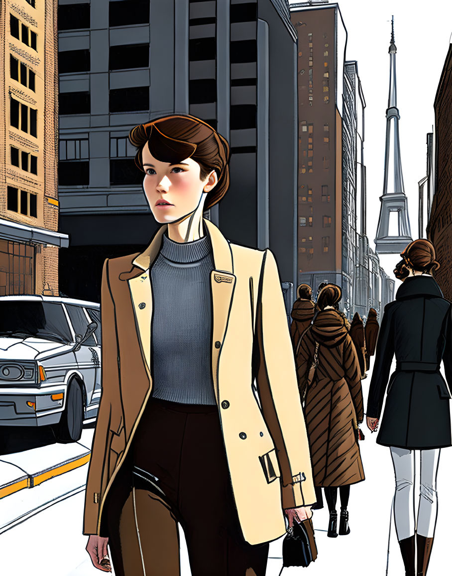 Stylized woman in cream jacket and brown pants on busy city street