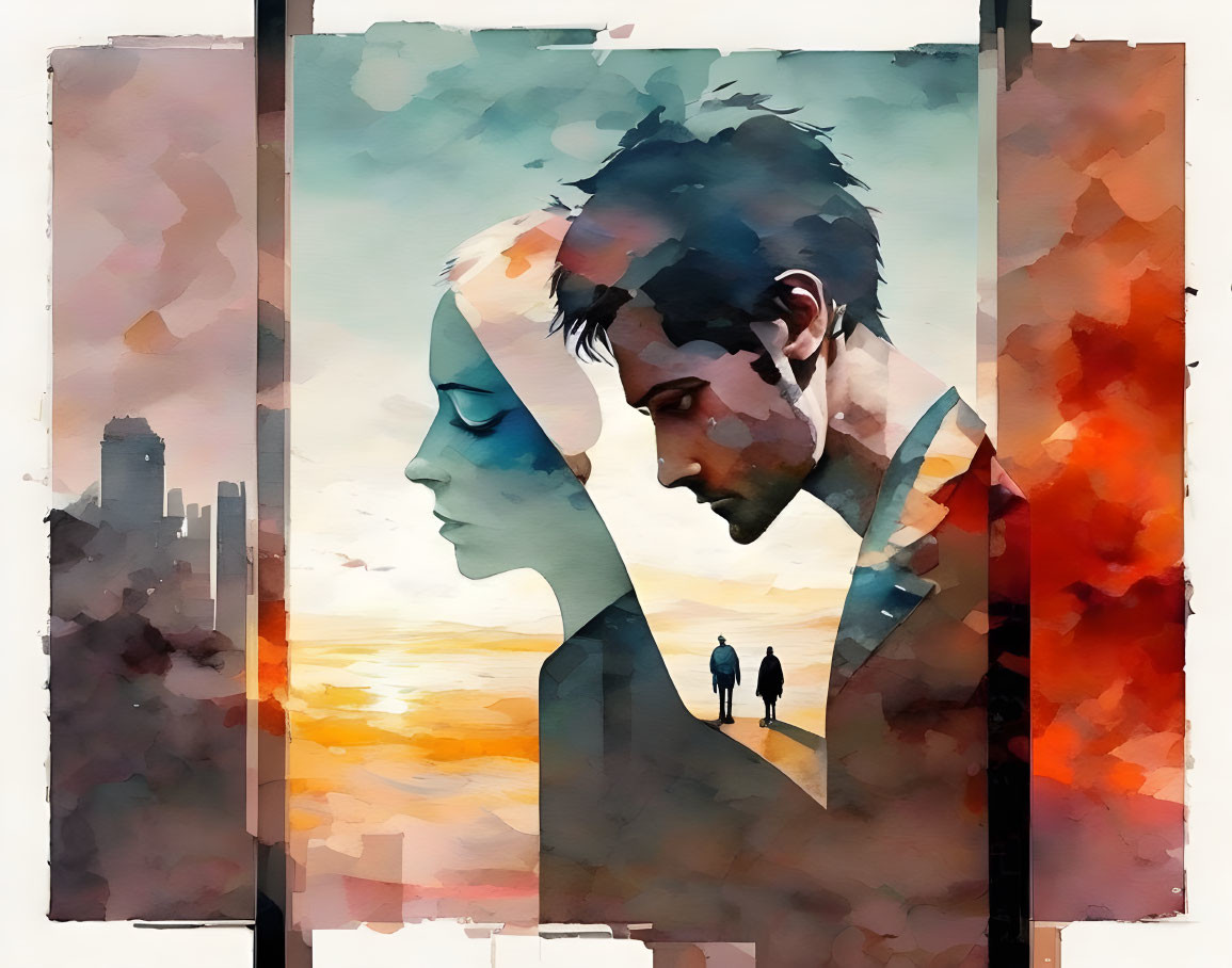 Man and woman in profile form heart shape with cityscape at sunset.