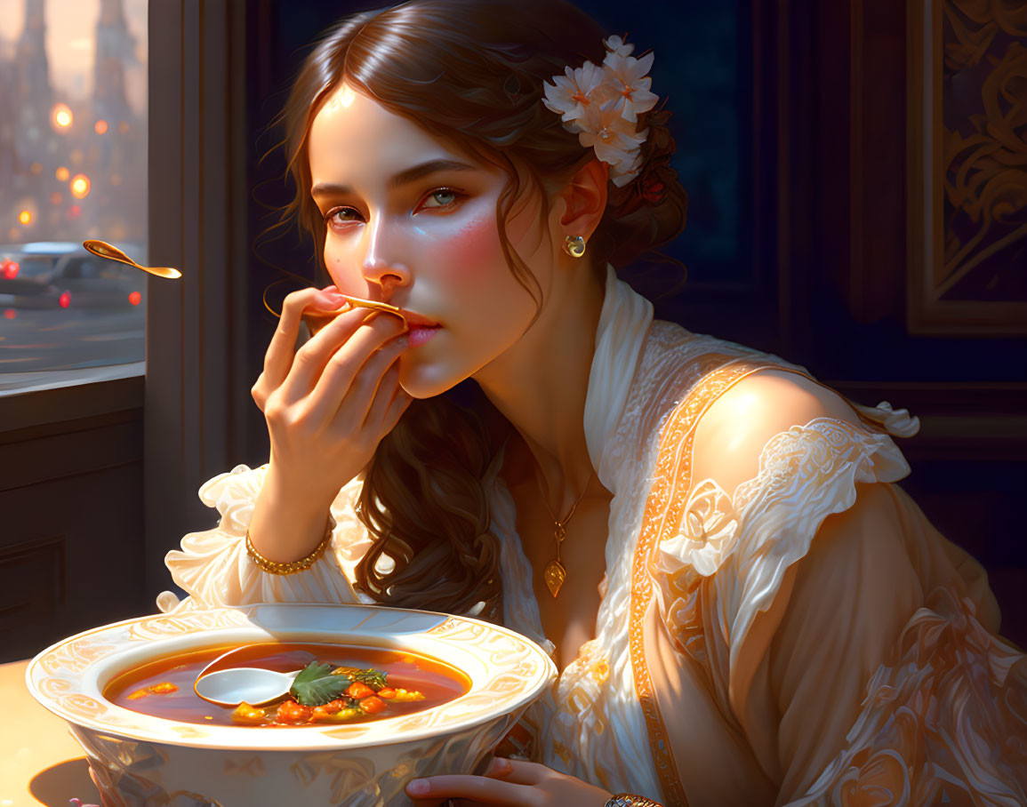 Vintage-dressed woman eating soup by city view window in warm sunlight.