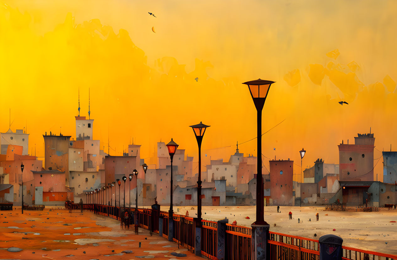 Orange-hued sunset townscape with promenade, lamp posts, birds, and silhouetted