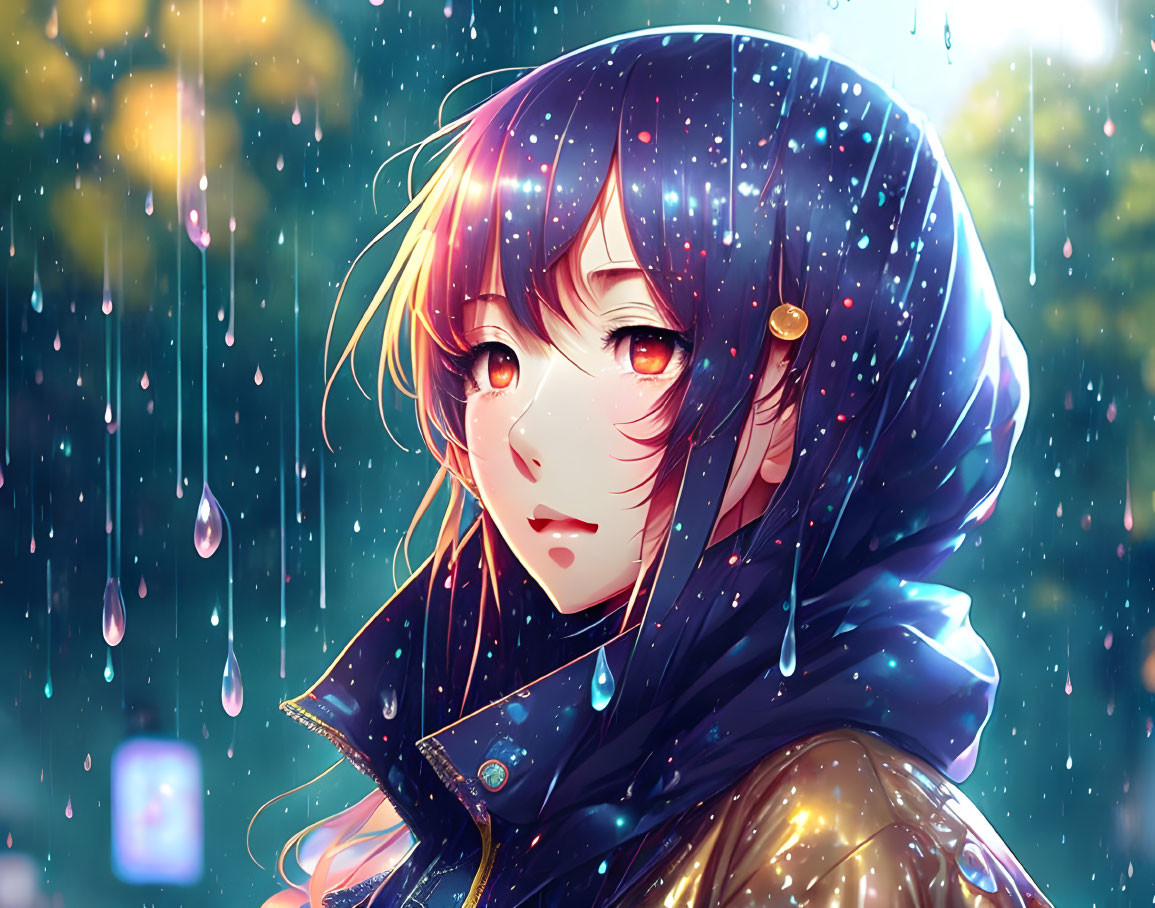 Purple-haired girl under starry blue hood with raindrops and bokeh lights.