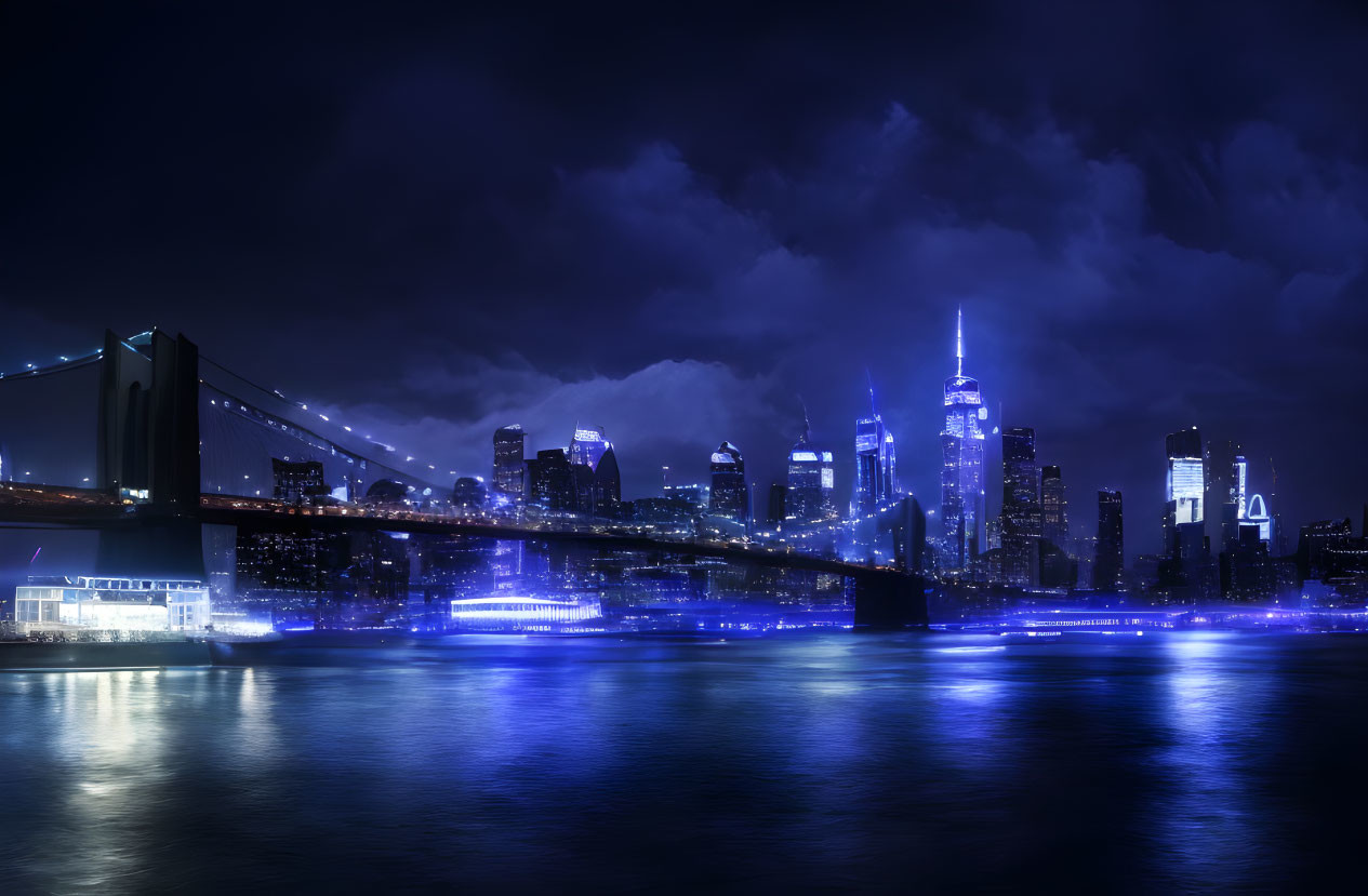 Night cityscape with illuminated skyscrapers, bridge, and dramatic cloudy sky