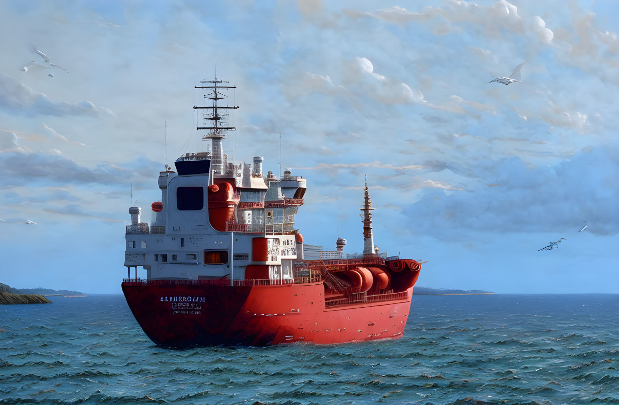 Red Ship with White Superstructure Sailing Under Cloudy Sky