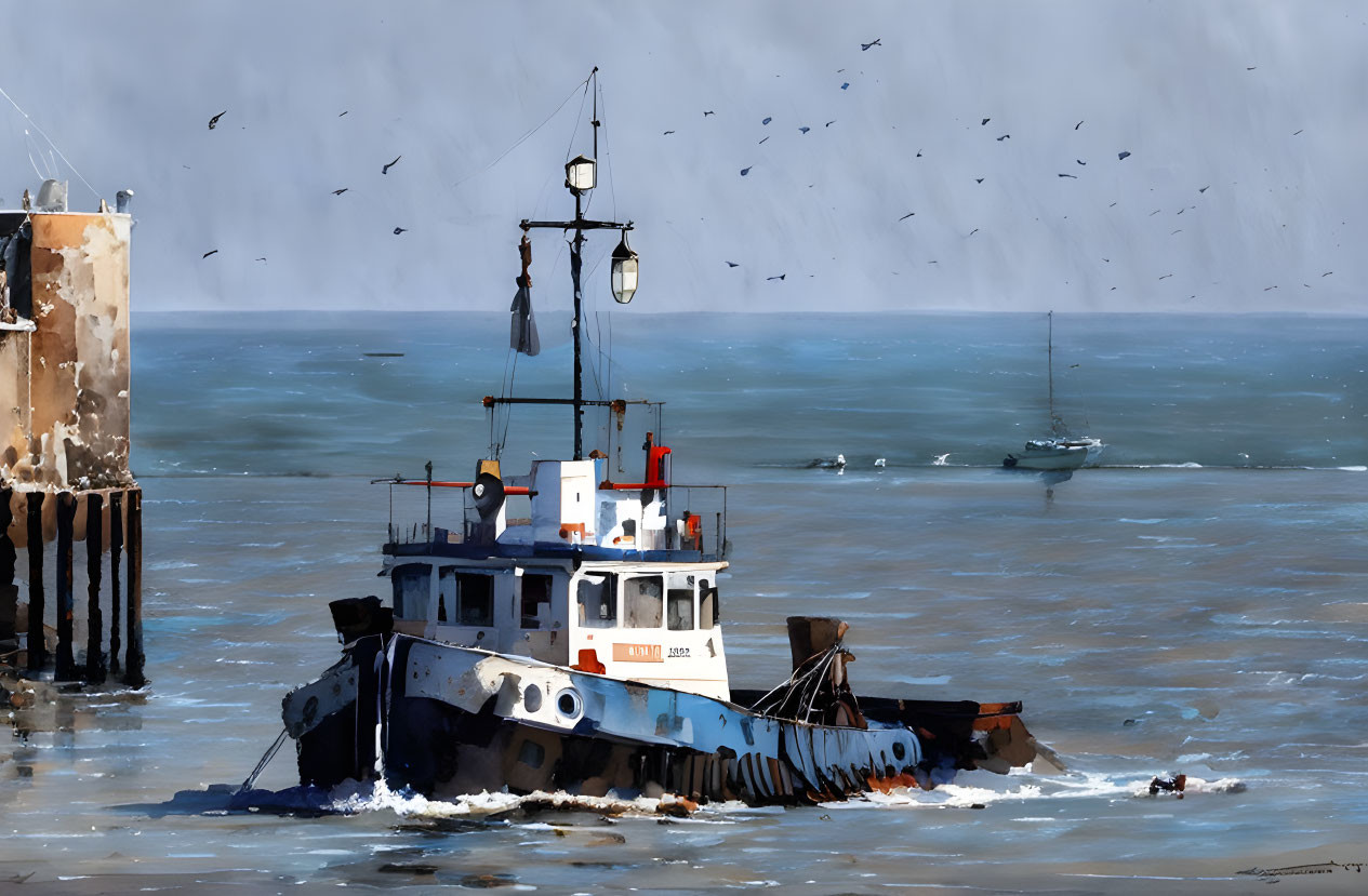 Tugboat near pier with seagulls in blue sea & cloudy sky