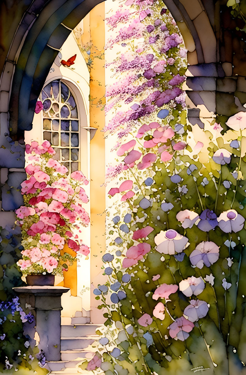 Sunlit Stone Archway with Colorful Blooming Flowers and Butterfly