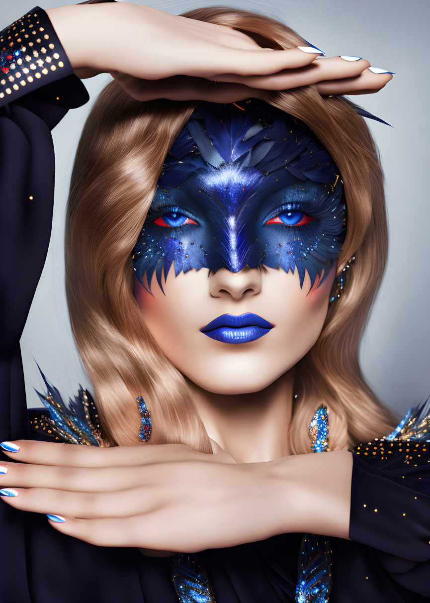 Blue and black feathered mask, red eyes, blue lipstick, golden studs, dark outfit with blue