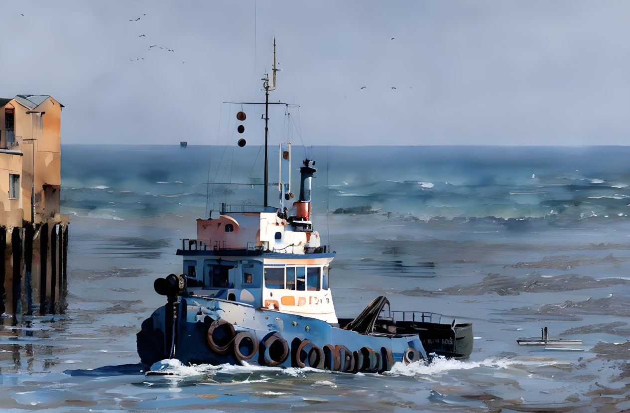 Tugboat by pier with building, seagulls, choppy sea waves, clear sky