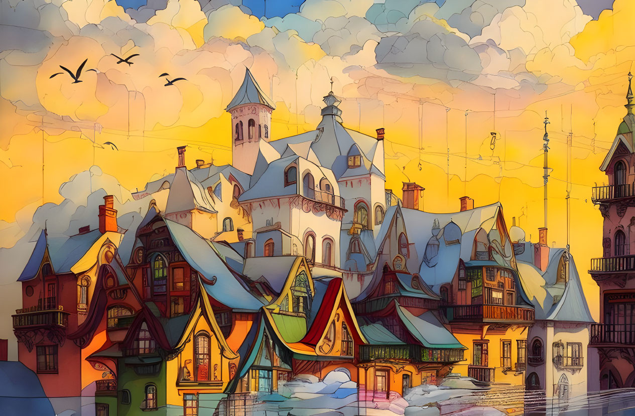 Whimsical drawing of old-fashioned town with colorful buildings and birds at sunset