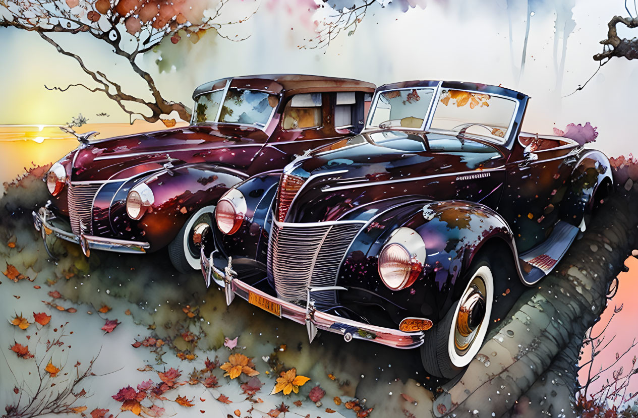 Vintage cars in autumn setting with colorful sunset and cherry blossoms