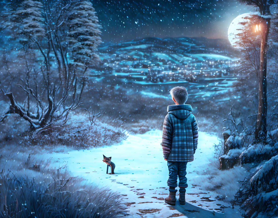 Young boy and fox in snowy night scene with glowing moon.