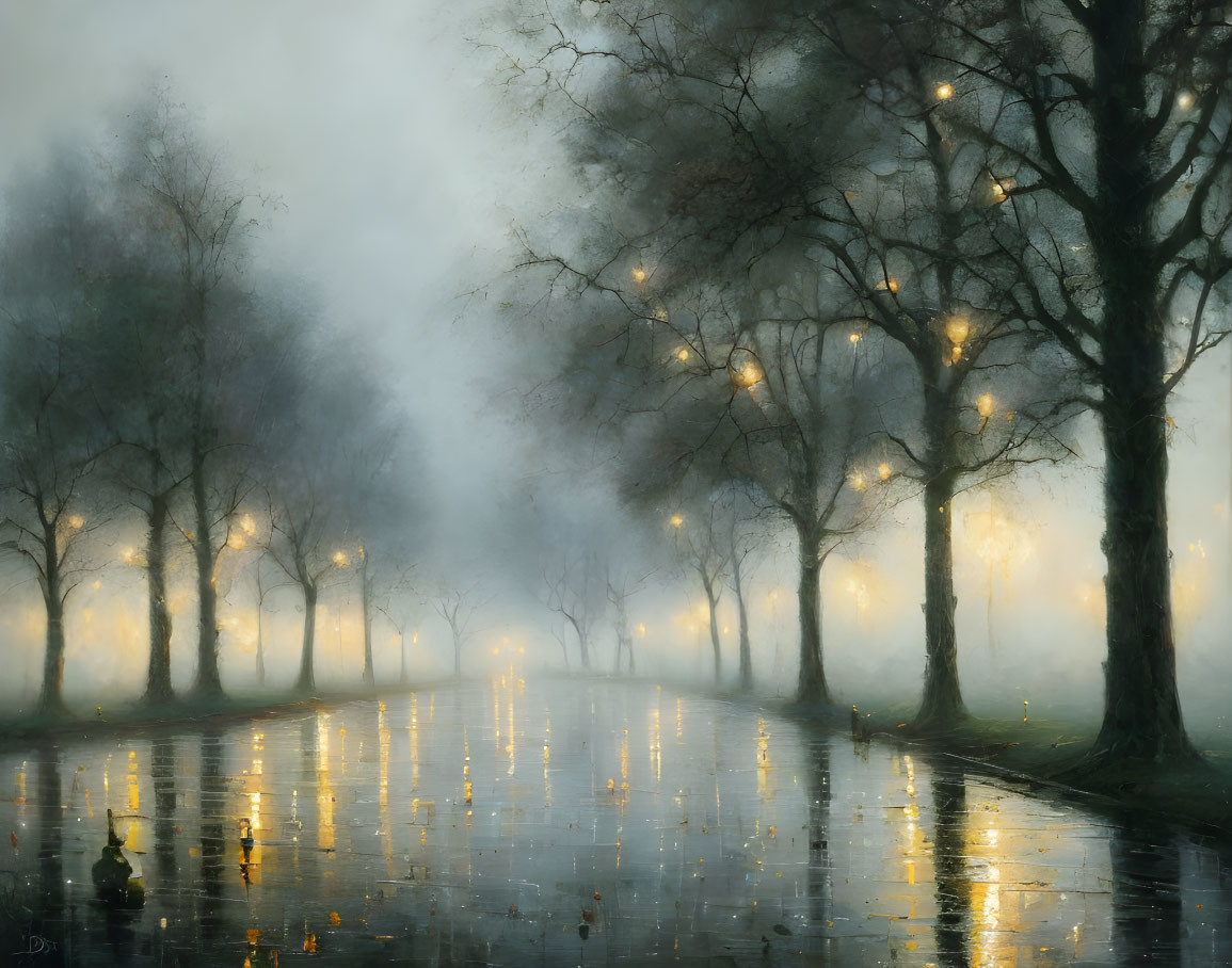 Tranquil misty pathway with golden streetlights and fog