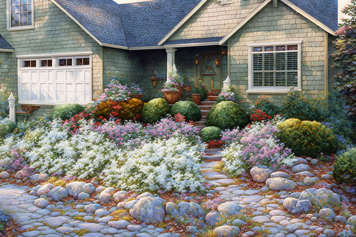 Charming cottage with stone pathway, colorful bushes, and white garage door