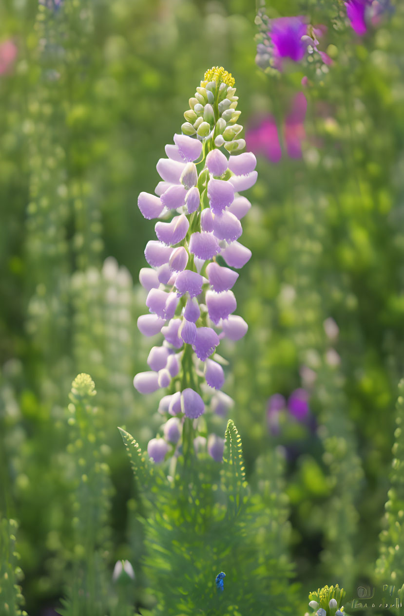 Purple Lupine Flower Spike with Softly Blurred Floral Background