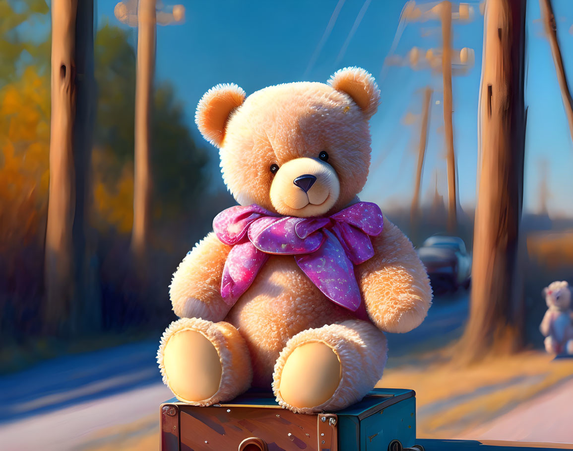 Plush teddy bear with purple bow on suitcase by sunny roadside